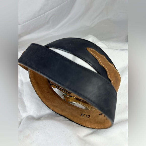 Vintage Eisenhower one dollar double coin buckle Justin black tan leather belt - Picture 2 of 10